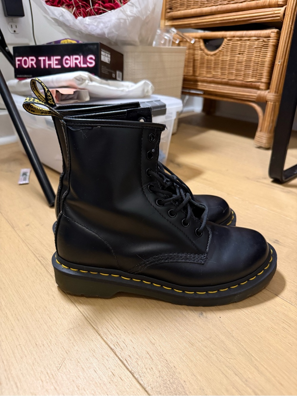Dr. Martens Black Leather Lace-Up Boots with Yellow Stitching